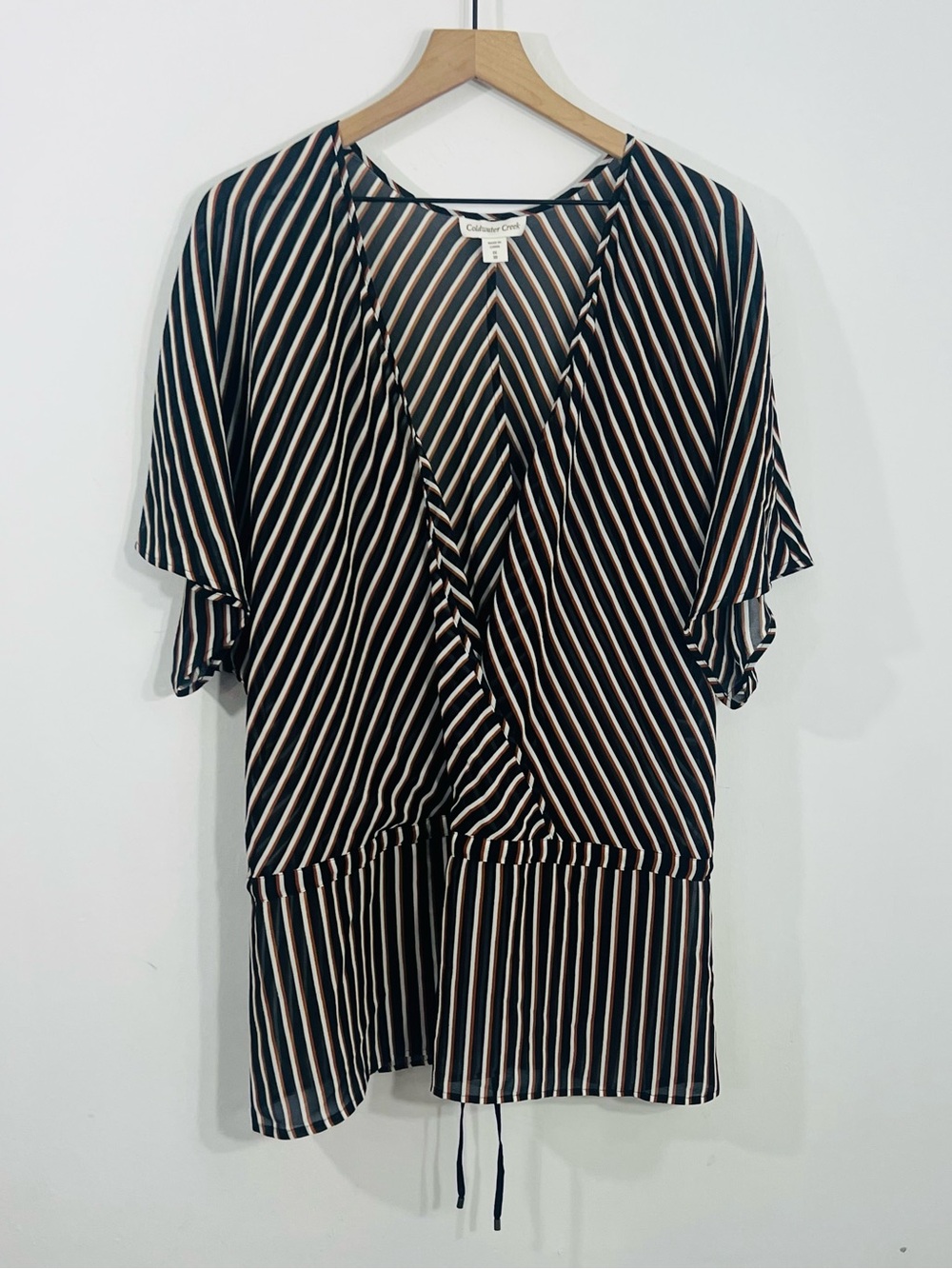 Coldwater Creek Striped Sheer Wide Short Sleeve V Neck Blouse Size 1X Relax Fit